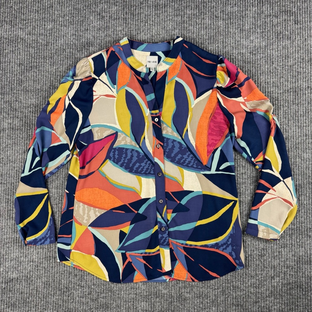 NIC+ZOE Blouse Womens XS Multicolor‎ Jigsaw Leaf Button Up Ruched Long Sleeve